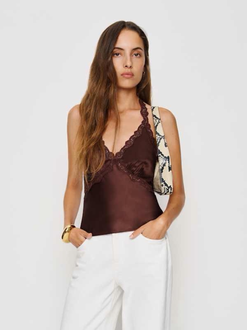 Reformation Monica Silk Lace Halter Top Brown Size L